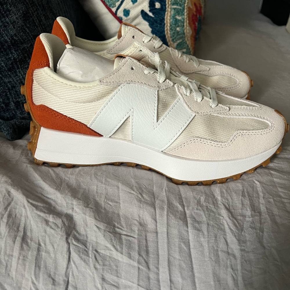 New Balance Women’s 327 Cream and Orange Sneakers